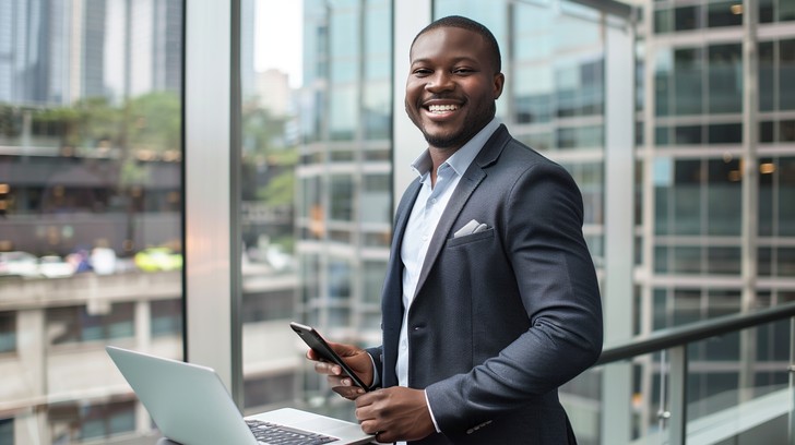 Business professional smiling in a modern city office